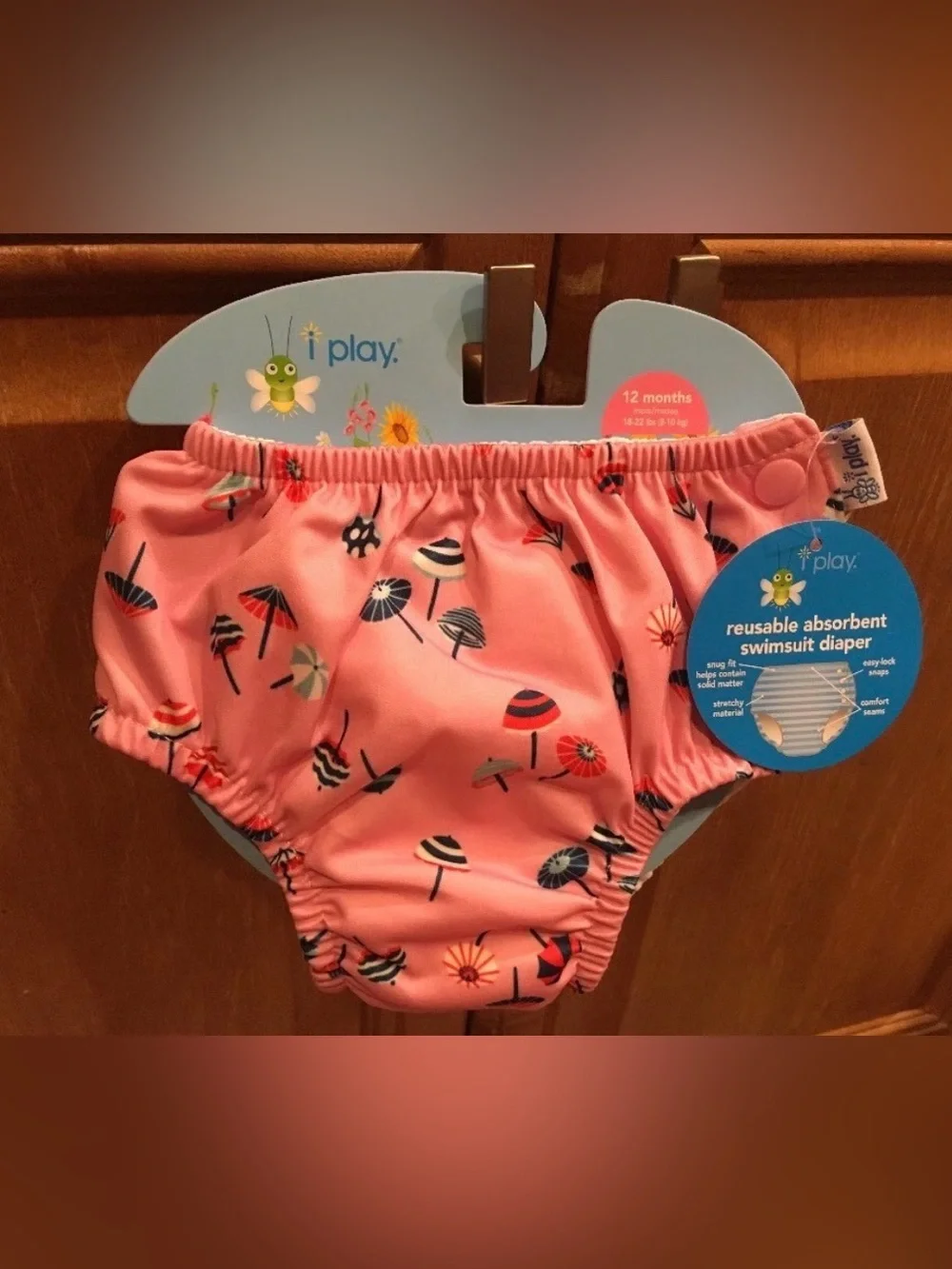 iPlay Reusable Swim Diaper - Pink Parasoles - 12 Months - Snap Sides - NWT
